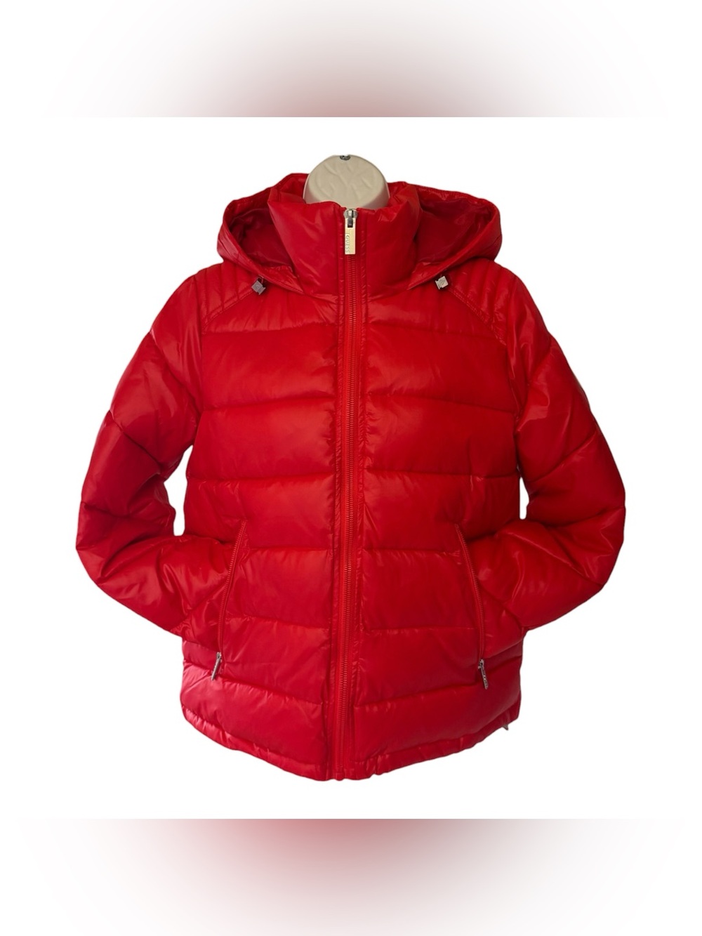 NWT Guess Red Hooded Puffer Jacket Medium Full Zip Quilted Winter Coat